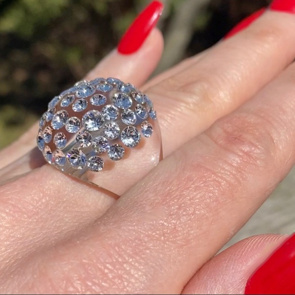 Women’s Acrylic Ring With Crystal Embellished Stones, Statement Ring, Clear - Picture 8 of 16